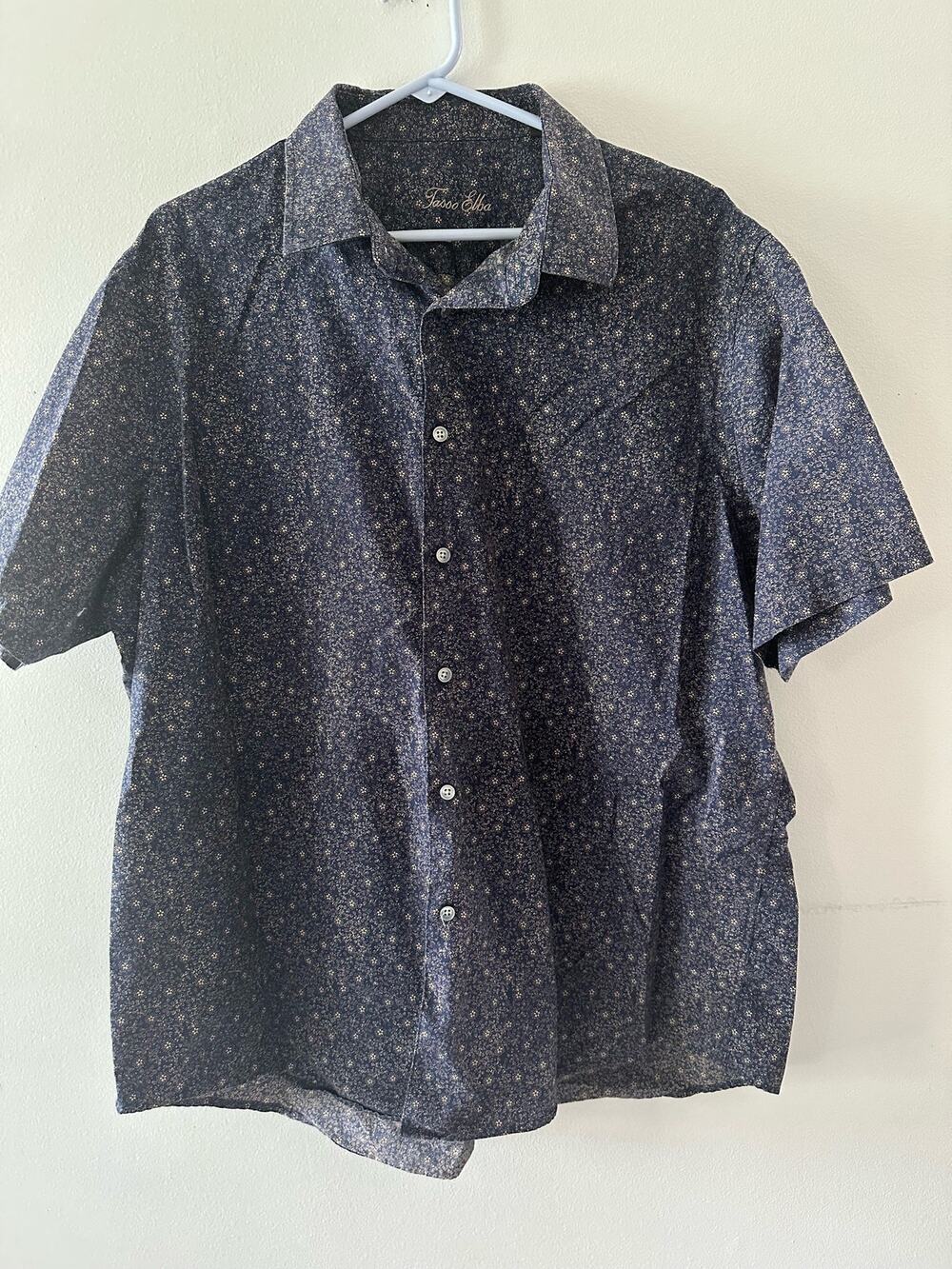 Tasso Elba Top Men's XXL Navy Button Down Short Sleeve Micro Floral Cotton